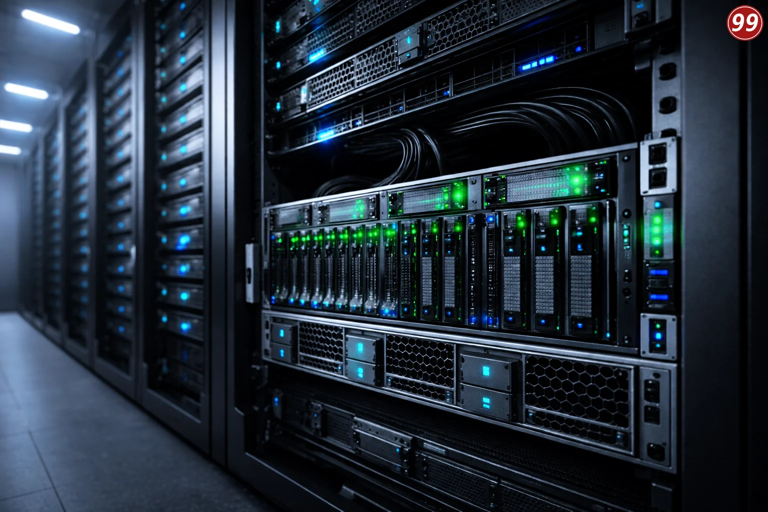  A row of dedicated servers in a data center, showcasing organized hardware for data processing and storage.