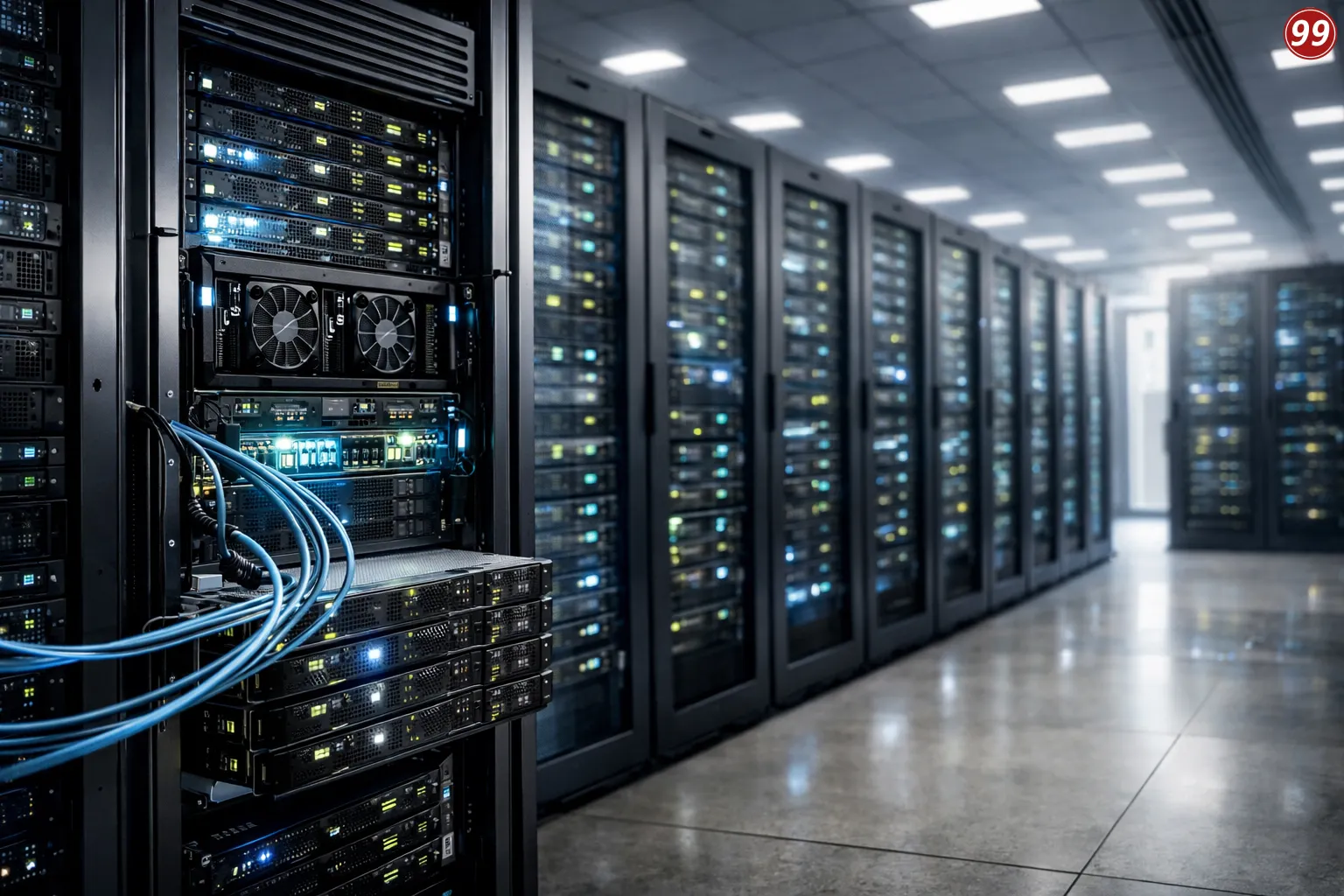  A row of servers in the Servers99 colocation facility, showcasing organized hardware in a data center environment.